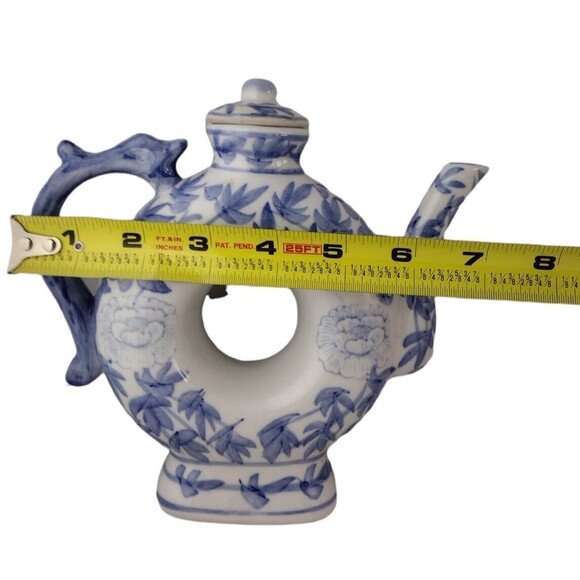 VTG Donut Shaped Asian Porcelain Lidded Teapot Dragon Handle Blue White Floral - Picture 7 of 9
